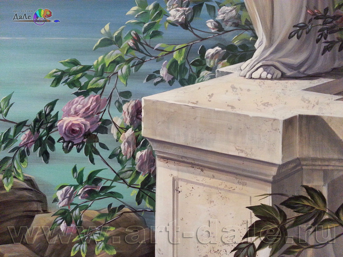 Фрагмент росписи стены. Каменная тумба и цветы
