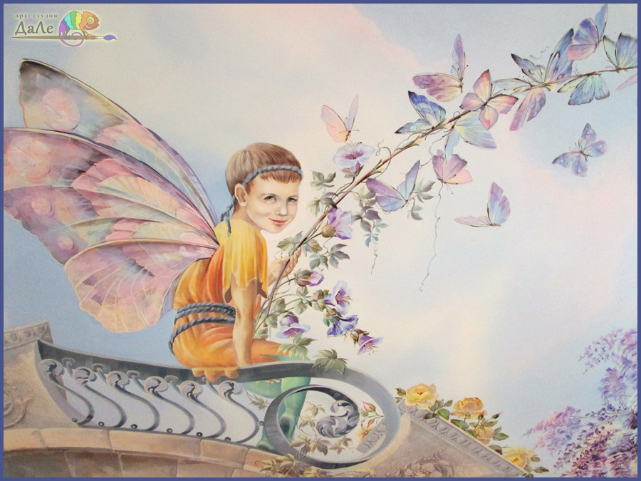 Роспись потолка. Мальчик с бабочками на ветке.